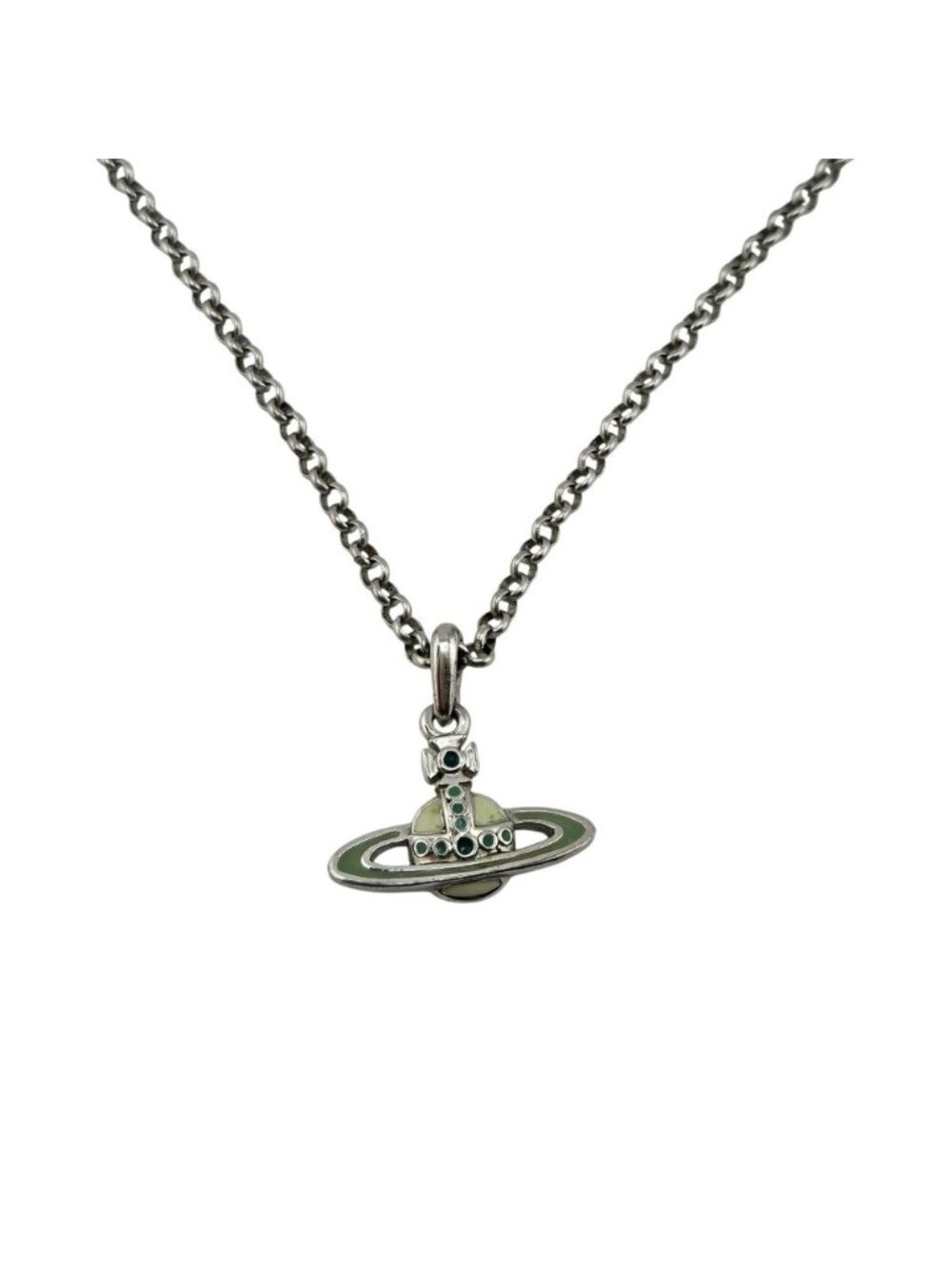 Vivienne Westwood Silver Green Enamel Bas Relief Orb Pendant Necklace